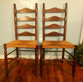 Pair Antique Rush Seat Ladder Back Chairs Turned Stretcher High Backs