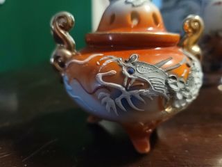 Vintage Japanese Moriage Porcelain Incense Burner Footed Dragon Ware MCI Japan 2