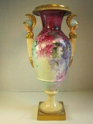 Wonderful Antique T&v Limoges Artist Signed Urn Vase Roman Heads Handles