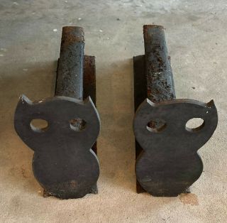 Pair Antique Cast Iron Owls Fireplace Andirons
