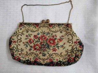 Vintage Tapestry Floral Design Small Purse; Made In France.