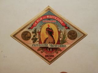 Antique Old Mexican Brewery Moctezuma Beer Bottle Label Pre - Prohibition 1910s