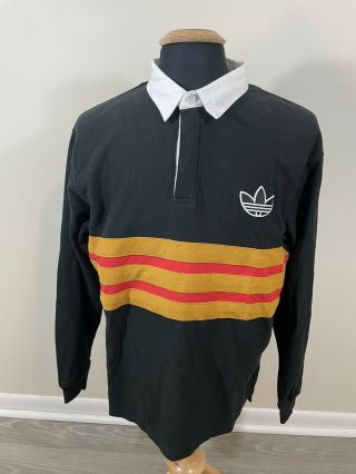 Vintage 90s Adidas Striped Heavy Polo Rugby Shirt Mens Medium Black Retro Logo