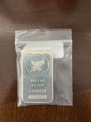 5 Oz Silver Bar Sunshine Minting Flying Eagle Design.  999 Fine Silver Bar
