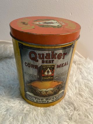 Vintage Cheinco 7.  5 " Tall Round Quaker Best Corn Meal Antique Storage Tin