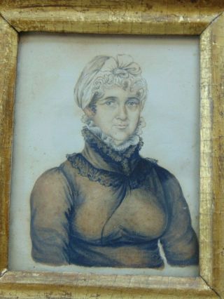 Antique Miniature Watercolor Painting / Portrait Of A Woman - Early 19th Century