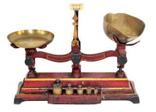 Antique Henry Troemner No.  5 Scale With Weights 8 Oz.  Capacity Red & Gold