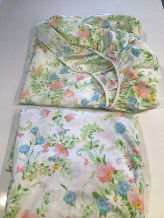 Vintage Jcpenney Full Flat& Fitted Sheet Floral Pink Blue Yellow Green