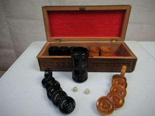Antique Backgammon Chekers Counters Set Of 30 And Dice & Shaker,  Sadeli Box