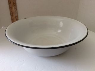 Vintage Large Porcelain Enamel Pan 12” X 3” Wash Basin/bowl,  White W Black Rim