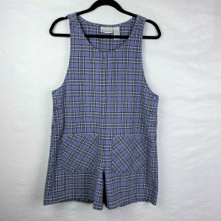Vintage 90s Purple Plaid Cotton Linen Overall Shorts Playsuit Romper Sz M