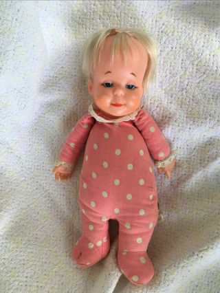 Vintage 1964 Mattel Pink Polka Dot Drowsy Doll Pull,  No Sound Sunk Head