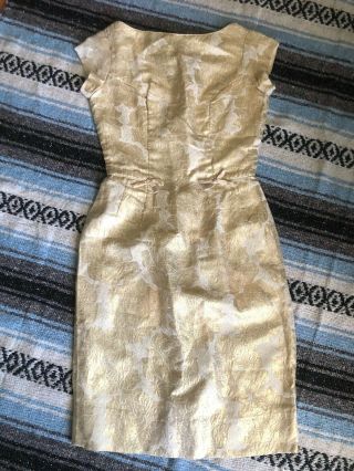 Vtg 50s 60s Gold Metallic Embossed Floral Brocade Wedding Wiggle Sheath Dress