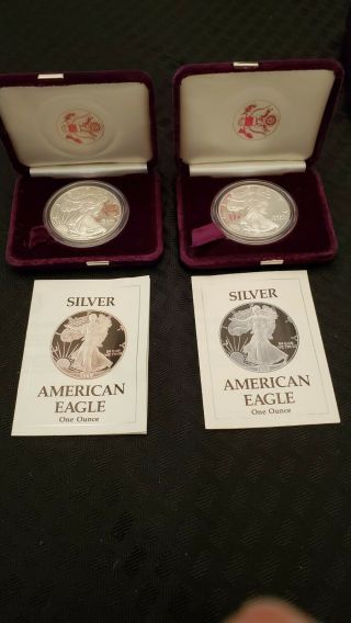 1988 S &1989 S American Eagle Set 999 Silver Proof Coin Boxes,  Two Coins