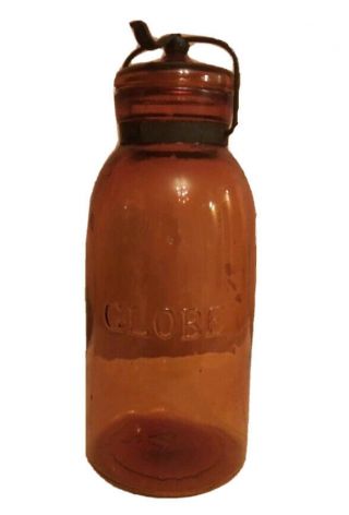 Globe 1886 Amber Glass Antique Bottle Collector Fruit Jar W/ Lid