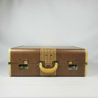 Vintage Tweed Striped Suitcase 1940s Old Luggage Antique Decor