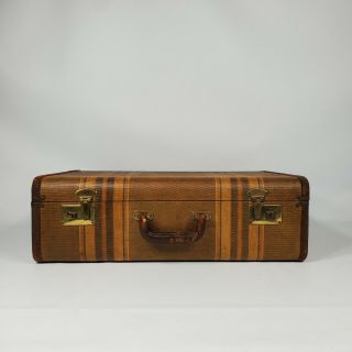 Vintage Striped Tweed Brown 21 " Suitcase 1930s 1940s Antique Old Luggage Decor