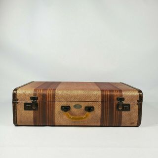 Vintage Tweed Striped Suitcase Amber Handle 1930s 1940s Antique Luggage Decor