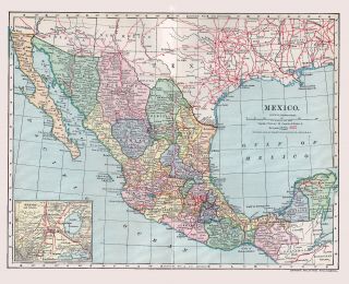 Mexico 1878 Color Map - Inset Map Of Mexico City - Great Detail