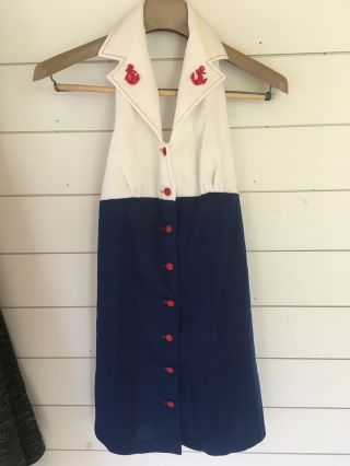 Vtg 50s 60s Handmade Navy Red White Patriotic Rockabilly Pinup Sailor Dress M/l