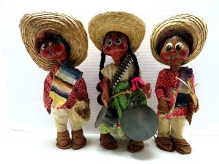 Vintage Mexican Folk Art Papier Mache Gourd Toluca 3 Dolls Jointed 1960s
