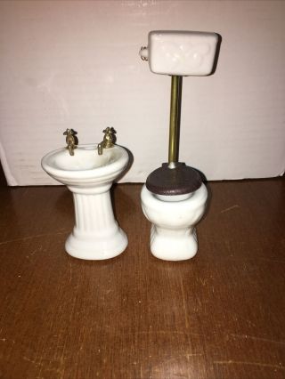 Vintage Dollhouse Miniature Porcelain Pedestal Sink And Toilet