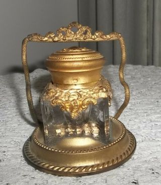 Antique Victorian Brass Gilded Inkwell With Gold Gilt Handle Pat.  Dec 1897