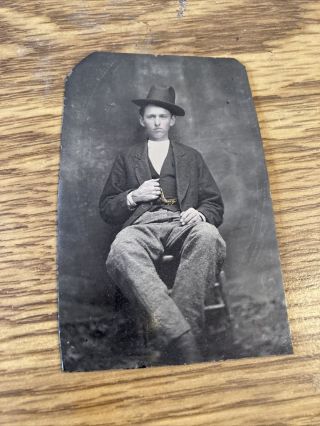 Antique Tin Type Photo; Man With Coat And Hat Looks To Be A Man Of Swagger
