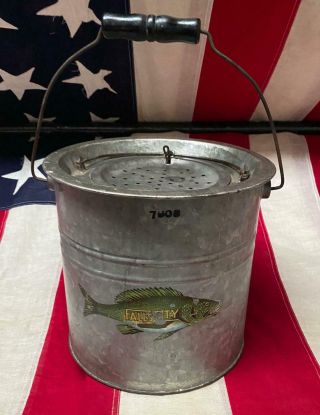 Vintage Falls City Galvanized Metal Fishing Minnow Bucket Bait Fish Logo Antique