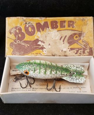 Vintage Wood Bomber Fishing Lure Painted Green Stripes W/ Glitter Box