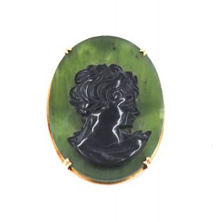 Antique Handcarved Green Jade Onyx Cameo Pin Brooch Pendant 18k Yellow Gold