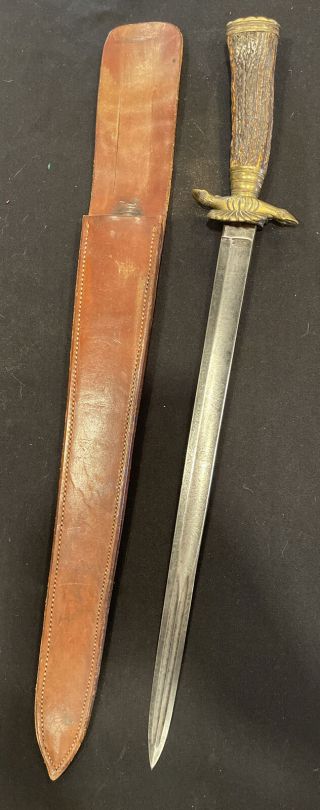 Antique German Hunting Short Sword,  Dagger W/stag Handle & Leafher Sheath