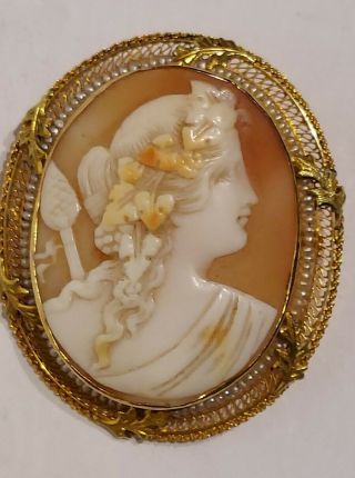 Antique 10kt.  Gold Carved Shell Cameo Brooch/ Pendant 2 ".  Seed Pearl 
