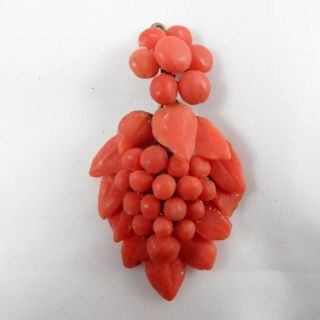 Stunning Antique Carved Coral Bunch Of Grapes Dangle Pendant