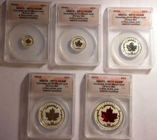 2015 Anacs Rp 70 Dcam Canadian Silver Maple Leaf 5 Coin Set 1.  9 Ounces X99
