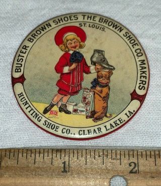 Antique Celluloid Pocket Mirror Buster Brown Tige Dog Shoe Clear Lake Ia Sign