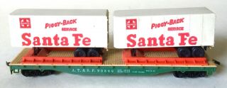 Tyco Ho Scale Piggyback Flat Car With 2 Santa Fe Trailers
