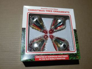 4 Vintage Hand Decorated Christmas Tree Glass Ornaments Made In Romania