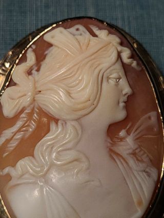 2 " Antique 14k Yellow Gold Cameo Brooch/pendant Goddess Psyche W/ Butterfly