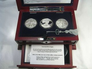 2016 $1 American Silver Eagle 30th Anniversary 3 Coin Set In Wood Box.