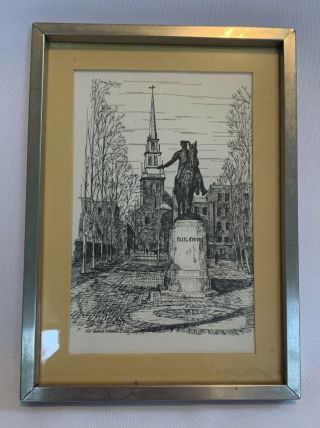 Vintage C.  M.  Goff Framed Matted Print - Paul Revere Old North Church Boston