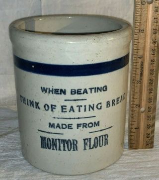 Antique Monitor Flour Crock Beater Jar Western Stoneware Country Store Sign Old