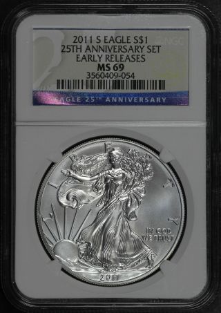 2011 - S 25th Anniversary Set American Silver Eagle Ngc Ms - 69 Early Release