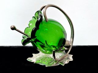 Antique Open Salt Cellar Green Art Glass Flower Leaf Silver Epns Holder & Spoon