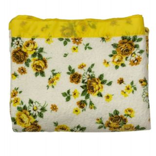 Vintage 70s Blanket Yellow Floral Satin Trim Acrylic 71 X 85 Twin