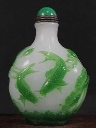 Chinese Mandarin Duck And Carp Carved Peking Overlay Glass Snuff Bottle