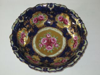 Antique Nippon Hand Painted Gold Moriage & Cobalt Blue Serving Bowl - Roses 11 "