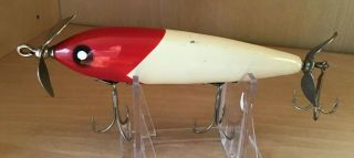 Vintage Paw Paw Bait Co,  5 " Red - White Wooden 2 Propeller Torpedo Lure