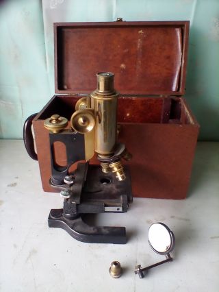 Antique Bausch & Lomb Brass & Iron Microscope 3 Scopes One Extra With Case