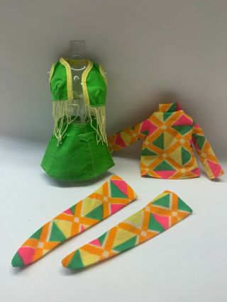 Vintage Barbie Clone Mod Green Suede Fringed Vest,  Skirt & Abstract Stockings